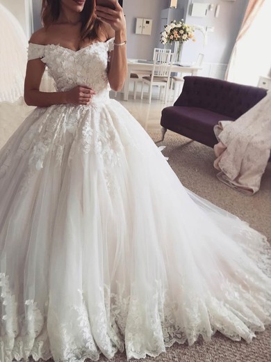 Tulle Off-the-shoulder A-line Court Train Appliques Lace Wedding Dresses #LDB00024032