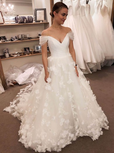 Tulle Off-the-shoulder Ball Gown Sweep Train Beading Wedding Dresses #LDB00024036