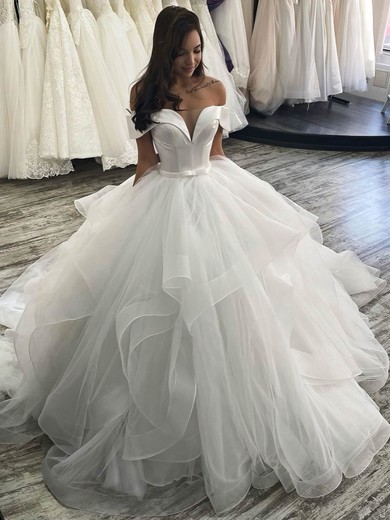 Satin Tulle Off-the-shoulder Ball Gown Court Train Sashes / Ribbons Wedding Dresses #LDB00024040