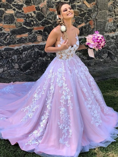 Tulle V-neck A-line Court Train Appliques Lace Wedding Dresses #LDB00024043