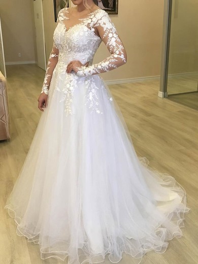 Tulle Scoop Neck A-line Sweep Train Appliques Lace Wedding Dresses #LDB00024044