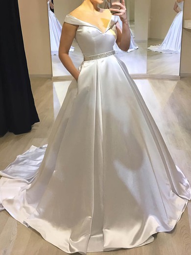 Satin Off-the-shoulder Ball Gown Sweep Train Beading Wedding Dresses #LDB00024047