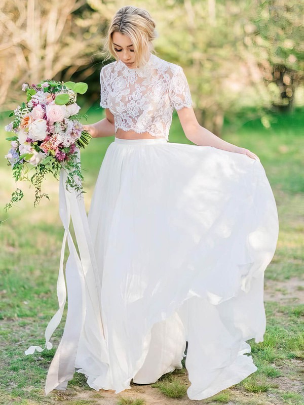 Lace Silk-like Satin Scoop Neck A-line Sweep Train Wedding Dresses #LDB00024051