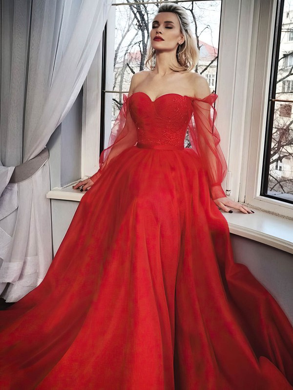 Tulle Off-the-shoulder Ball Gown Sweep Train Appliques Lace Prom Dresses #LDB020107242