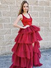 Satin Tulle Square Neckline A-line Sweep Train Tiered Prom Dresses #LDB020107255