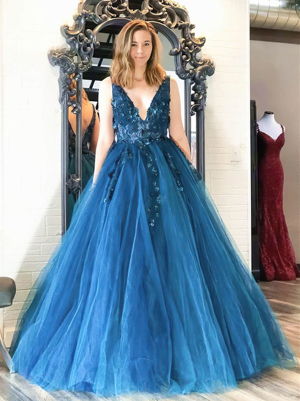 Tulle V-neck Ball Gown Sweep Train Appliques Lace Prom Dresses #LDB020107262