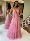 Tulle V-neck A-line Sweep Train Prom Dresses #LDB020107269
