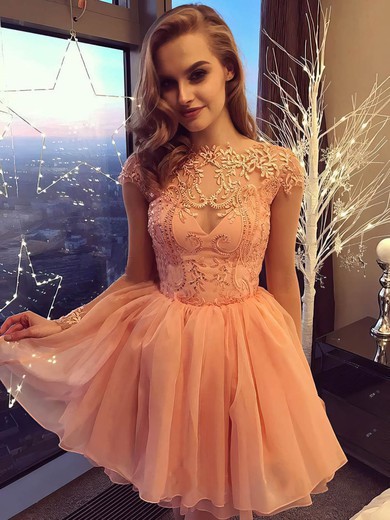 Chiffon Scoop Neck A-line Short/Mini Appliques Lace Prom Dresses #LDB020107271