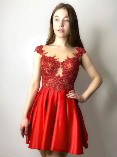 Satin Scoop Neck A-line Short/Mini Appliques Lace Prom Dresses #LDB020107300