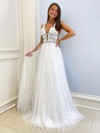 Tulle V-neck A-line Sweep Train Beading Prom Dresses #LDB020107301