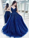 Tulle V-neck Ball Gown Sweep Train Appliques Lace Prom Dresses #LDB020107310