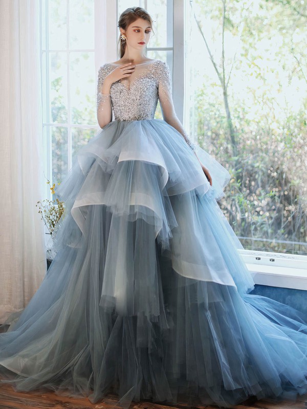 Tulle Scoop Neck Ball Gown Sweep Train Beading Prom Dresses #LDB020107322