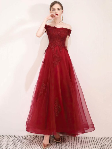 Tulle Off-the-shoulder A-line Floor-length Appliques Lace Prom Dresses #LDB020107325