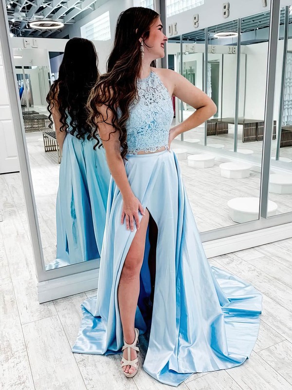 Lace Silk-like Satin Scoop Neck A-line Sweep Train Split Front Prom Dresses #LDB020107329