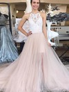 Tulle Scoop Neck A-line Sweep Train Appliques Lace Prom Dresses #LDB020107335