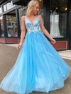 Tulle V-neck A-line Sweep Train Appliques Lace Prom Dresses #LDB020107345