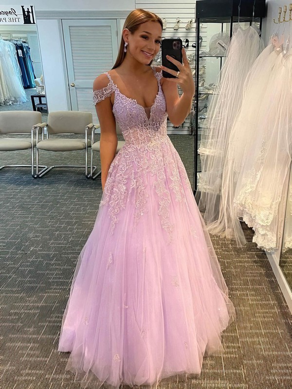 Tulle V-neck A-line Sweep Train Appliques Lace Prom Dresses #LDB020107376
