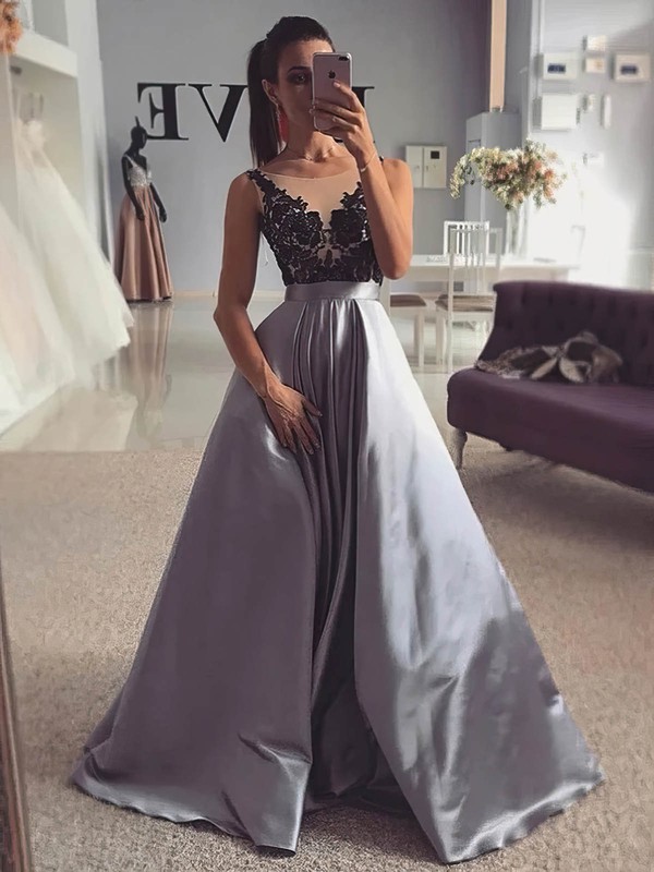 Silk-like Satin Scoop Neck A-line Sweep Train Appliques Lace Prom Dresses #LDB020107377