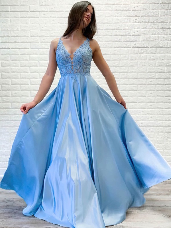 Silk-like Satin V-neck A-line Sweep Train Appliques Lace Prom Dresses #LDB020107390