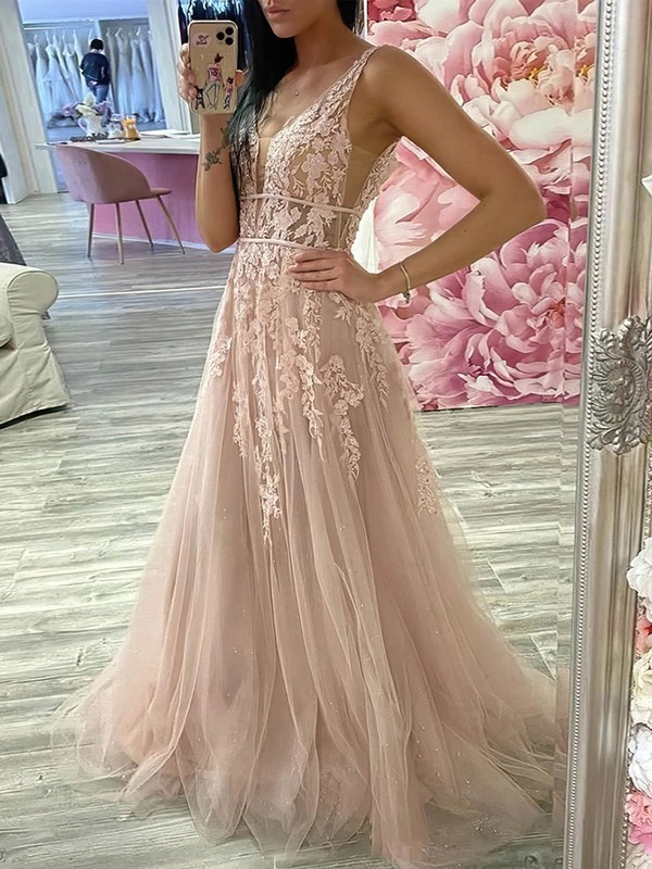 Tulle V-neck A-line Sweep Train Appliques Lace Prom Dresses #LDB020107403