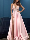 Satin V-neck A-line Sweep Train Appliques Lace Prom Dresses #LDB020107424