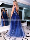 Glitter V-neck A-line Sweep Train Appliques Lace Prom Dresses #LDB020107427