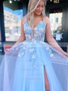 Tulle V-neck A-line Sweep Train Beading Prom Dresses #LDB020107428