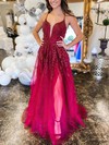 Tulle V-neck A-line Sweep Train Appliques Lace Prom Dresses #LDB020107430