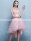 Tulle Off-the-shoulder A-line Asymmetrical Appliques Lace Prom Dresses #LDB020107434