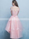 Tulle Off-the-shoulder A-line Asymmetrical Appliques Lace Prom Dresses #LDB020107434