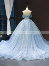 Tulle Off-the-shoulder Ball Gown Sweep Train Flower(s) Prom Dresses #LDB020107457