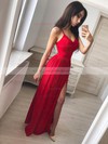 Jersey V-neck A-line Floor-length Split Front Prom Dresses #LDB020107459