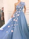 Tulle One Shoulder A-line Sweep Train Flower(s) Prom Dresses #LDB020107463