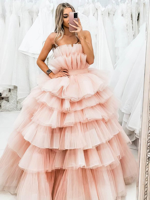 Tulle Strapless Ball Gown Sweep Train Tiered Prom Dresses #LDB020107476