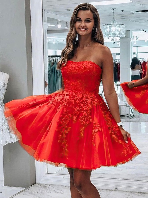 Tulle Strapless A-line Short/Mini Appliques Lace Prom Dresses #LDB020107489