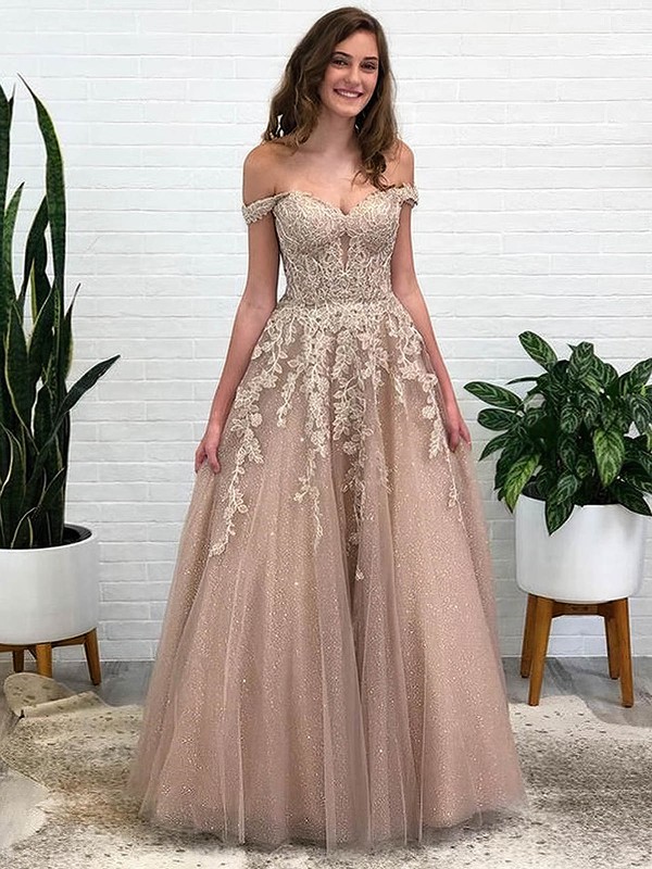 Glitter Off-the-shoulder A-line Floor-length Appliques Lace Prom Dresses #LDB020107495
