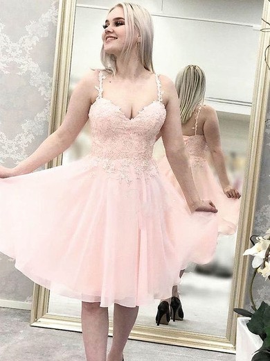 Chiffon V-neck A-line Short/Mini Appliques Lace Prom Dresses #LDB020107506
