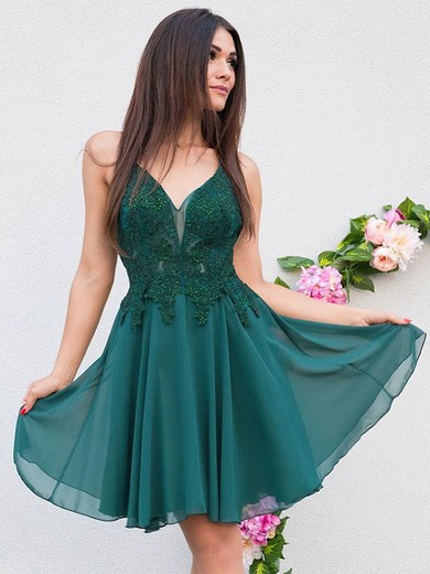 Chiffon V-neck A-line Short/Mini Appliques Lace Prom Dresses #LDB020107516