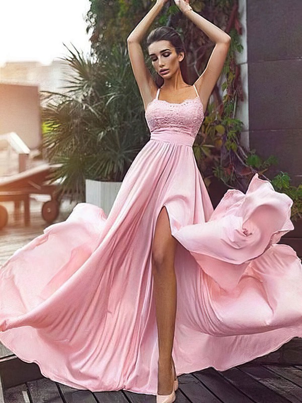 Silk-like Satin Square Neckline A-line Sweep Train Appliques Lace Prom Dresses #LDB020107533