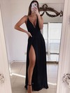 Satin V-neck A-line Floor-length Split Front Prom Dresses #LDB020107538