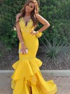 Silk-like Satin V-neck Trumpet/Mermaid Sweep Train Appliques Lace Prom Dresses #LDB020107543