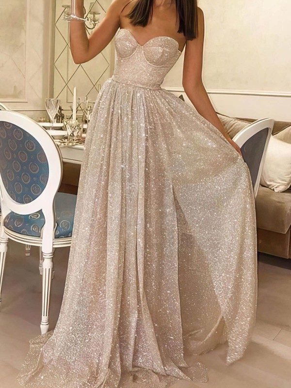 Glitter Sweetheart A-line Sweep Train Prom Dresses #LDB020107571