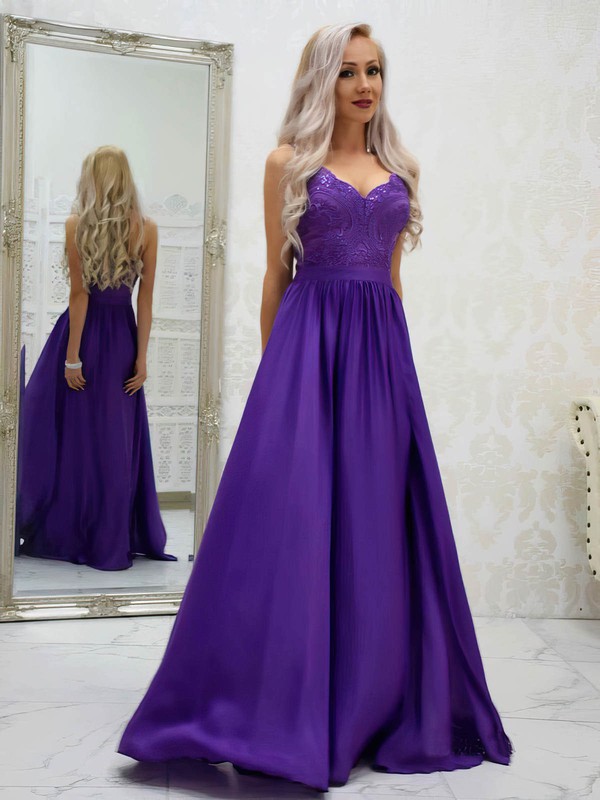 Silk-like Satin V-neck A-line Sweep Train Appliques Lace Prom Dresses #LDB020107574