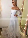 Tulle Off-the-shoulder A-line Sweep Train Sashes / Ribbons Prom Dresses #LDB020107585
