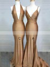Silk-like Satin V-neck Trumpet/Mermaid Sweep Train Bridesmaid Dresses #LDB01014160