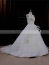 Vintage Sweetheart Ivory Tulle Appliques Lace Chapel Train Wedding Dresses #LDB00021632