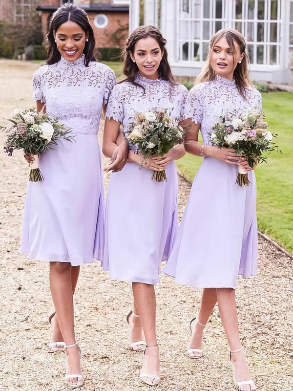 Chiffon High Neck A-line Knee-length Appliques Lace Bridesmaid Dresses #LDB01014181