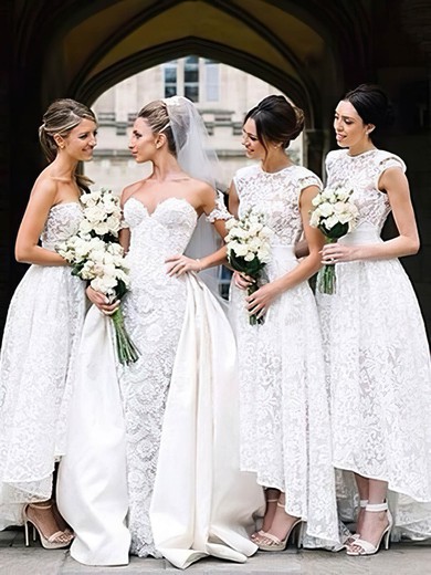 Lace Scoop Neck A-line Asymmetrical Bridesmaid Dresses #LDB01014182