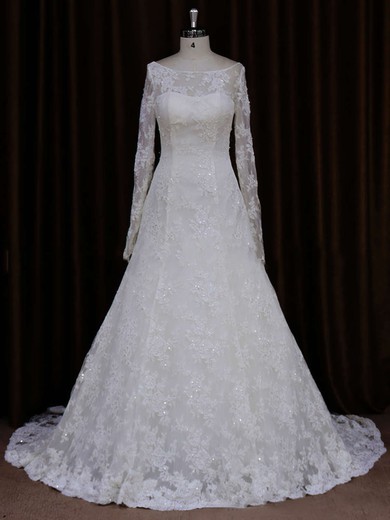 Scoop Neck Ivory Lace Beading Long Sleeve A-line Wedding Dresses #LDB00021634