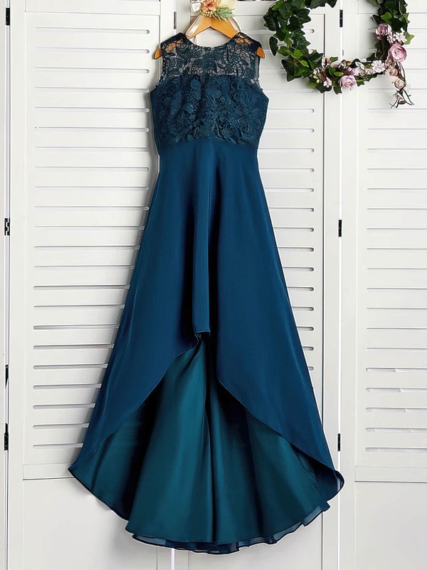 Chiffon Scoop Neck A-line Asymmetrical Appliques Lace Bridesmaid Dresses #LDB01014208